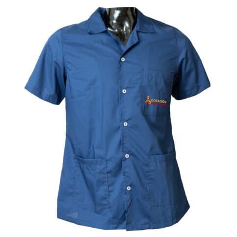 Batola en Dacron para mujer, con manga corta, tres bolsillos y cuello alto en color azul oscuro.
