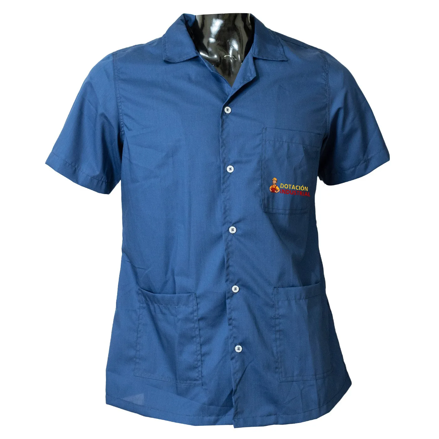 Batola en Dacron para mujer, con manga corta, tres bolsillos y cuello alto en color azul oscuro.