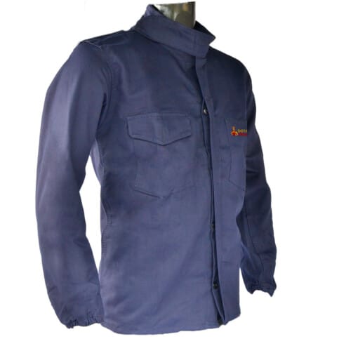 Camisa de soldador en jean color azul oscuro, cuello tortuga, puños enresortados