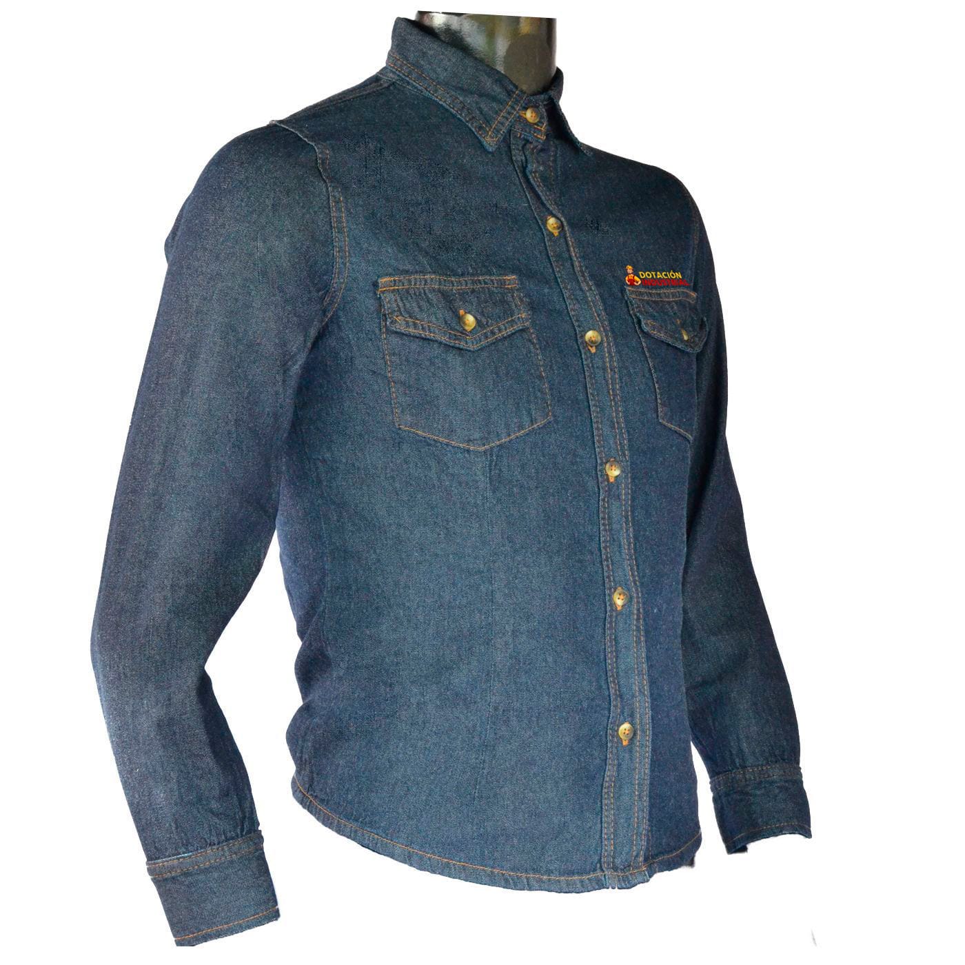 Camisa en jean para dama color azul, manga larga, cuello alto, con pinzas y bolsillos