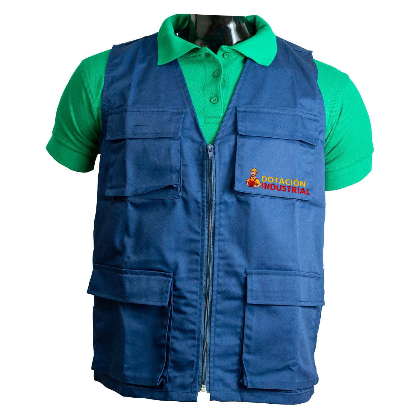 Chaleco en dril color azul oscuro con cinco bolsillos y estampado opcional