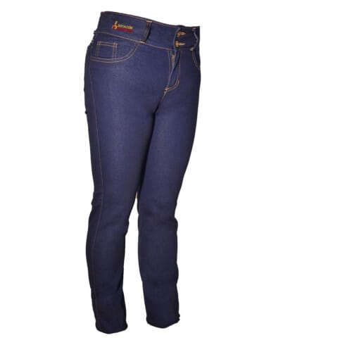 Jeans de dama en denim stretch azul con cinco bolsillos y pretina semi alta